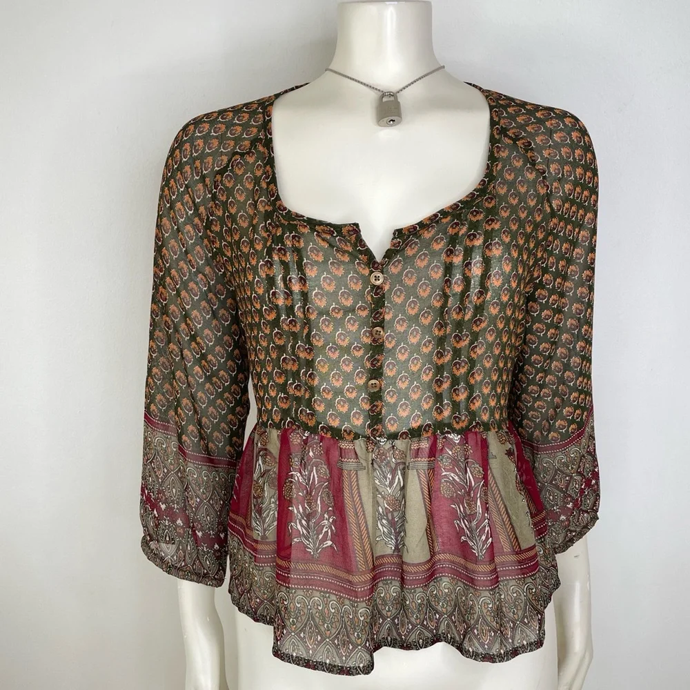 Band of Gypsies Vintage Sheer Paisley Boho Peplum Multicolor Blouse - Picture 2 of 8